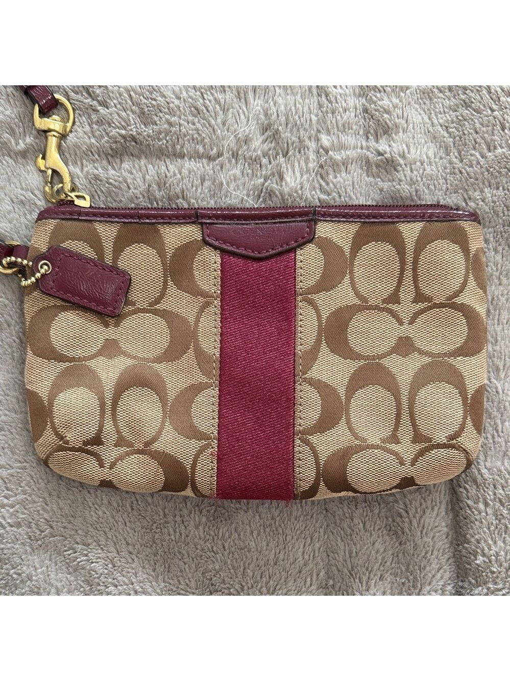 Coach Canvas Wristlet with Burgundy Stripe and Tan Logo